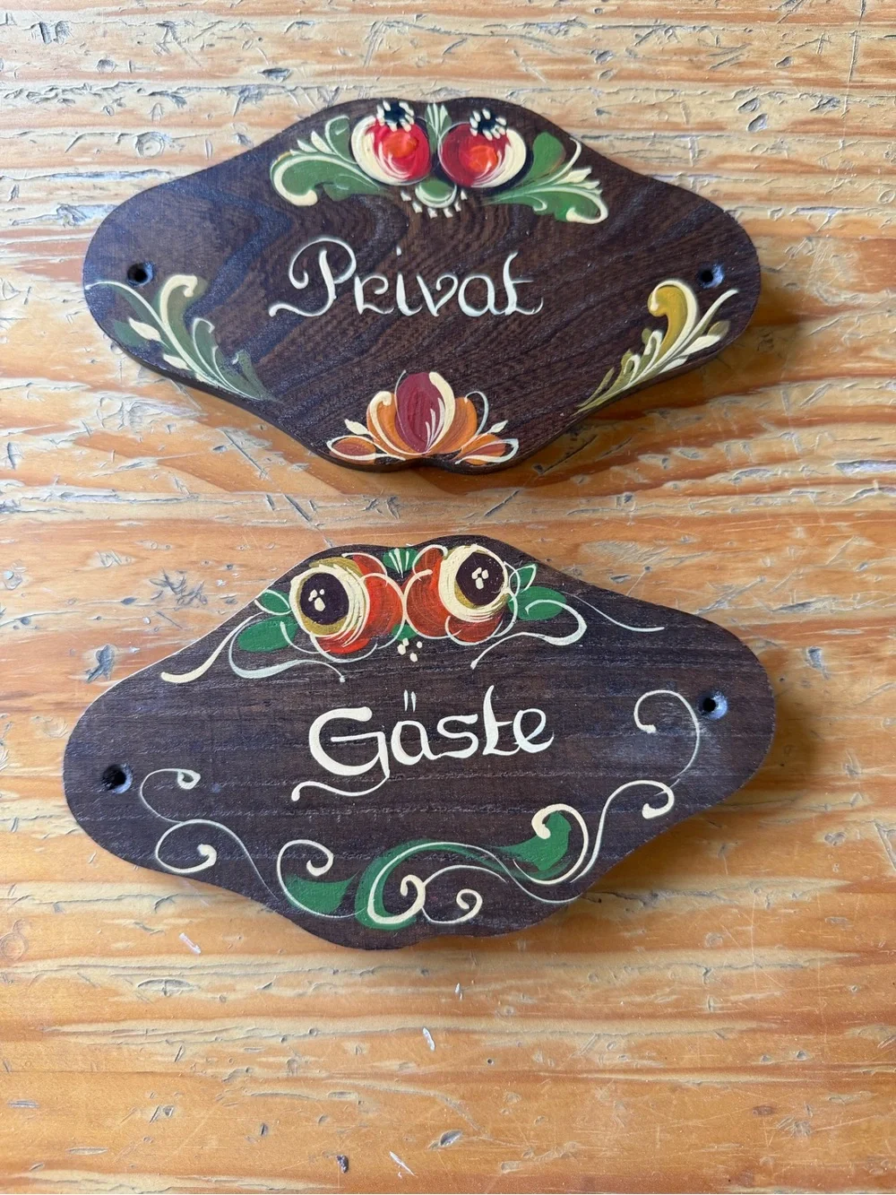 German Vintage Hand-Painted floral motifs Wooden Wall Signs  - Set of 2